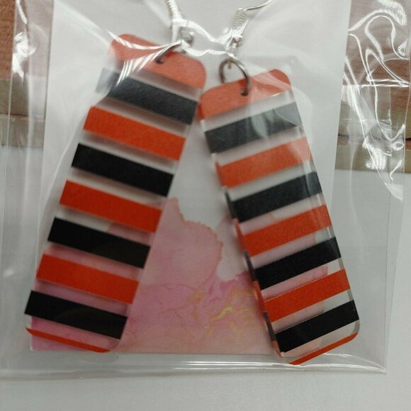 Striped Orange & Black Rectangle Dangle Stud Earrings By Hello Happiness Designs - Picture 3 of 5